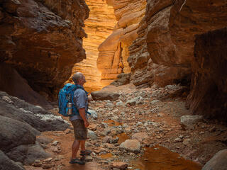 A photographer standing within a canyon with warm glowing light on the cliffs.