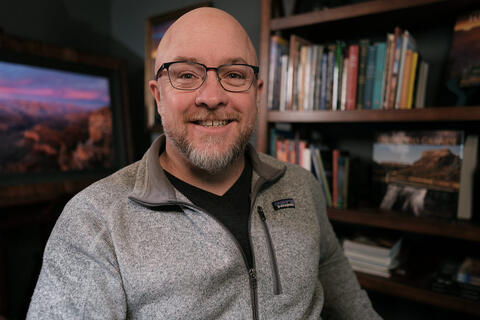 Portrait of the American landscape photographer Adam Schallau in his studio in Flagstaff, Arizona.