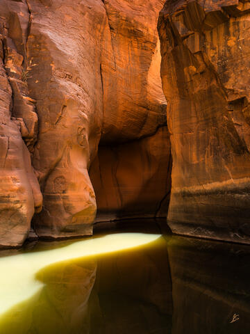 The red and orange cliffs of Tanner Wash reflect in a pool of water with sunlight on its surface.