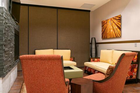 A large acrylic fine art photograph in a seating area in a hotel.