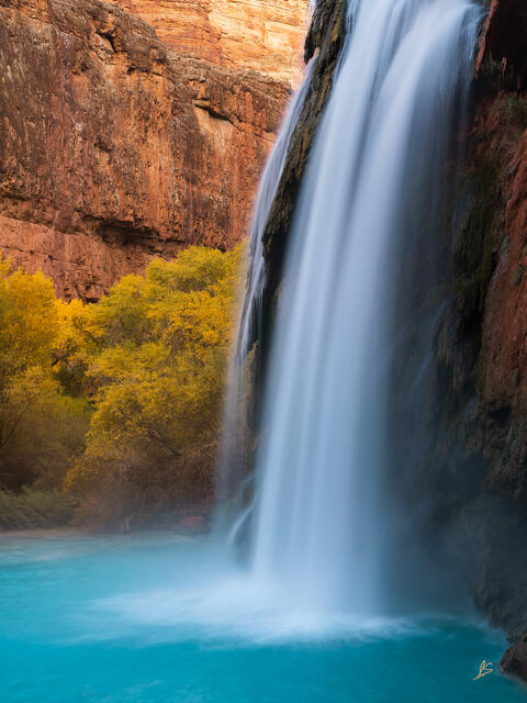 A waterfall cascades into a pool of turquoise water surrounded by trees with yellow leaves and redrock cliffs.
