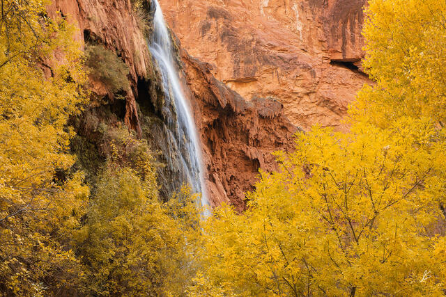 Orange and red cliffs and trees with yellow leaves surround a beautiful waterfall.
