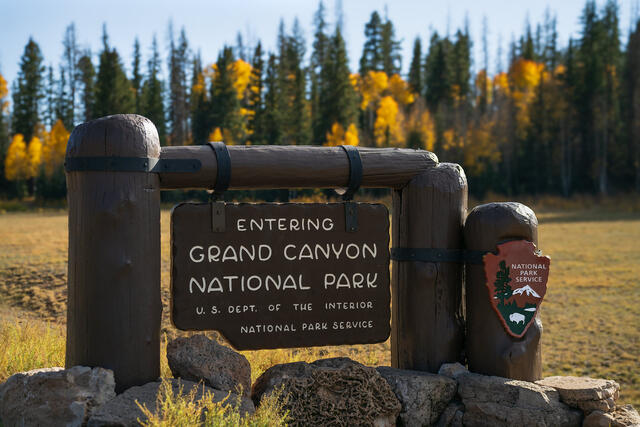 AZ, Arizona, Entrance, Fall, Grand Canyon, Kaibab Plateau, National Park, North Rim, Other Keywords, Sign, autumn, fall color