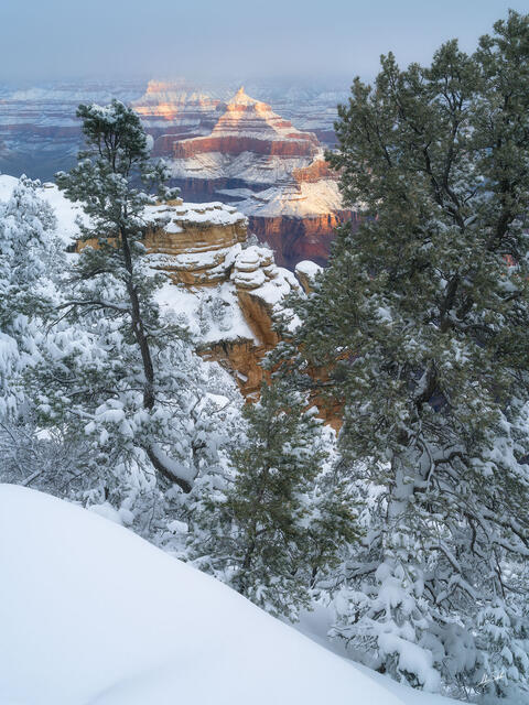 Image of snow at the Grand Canyon as warm light falls upon Isis Temple.