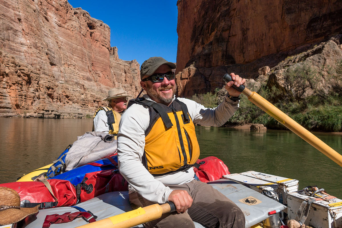 Can you tell how happy I am to be rowing the Colorado River in the Grand Canyon? Behind me is Dave Edwards, a National Geographic...